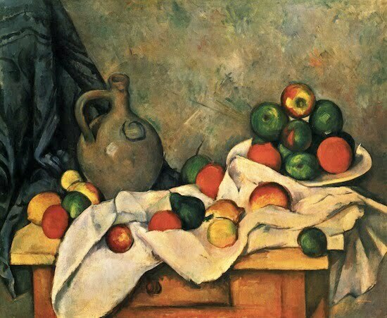 Paul Cezanne- Draperie, ulcior si fructe