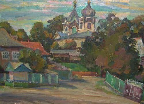 Peisaj cu biserica, pictor Liviu Hâncu