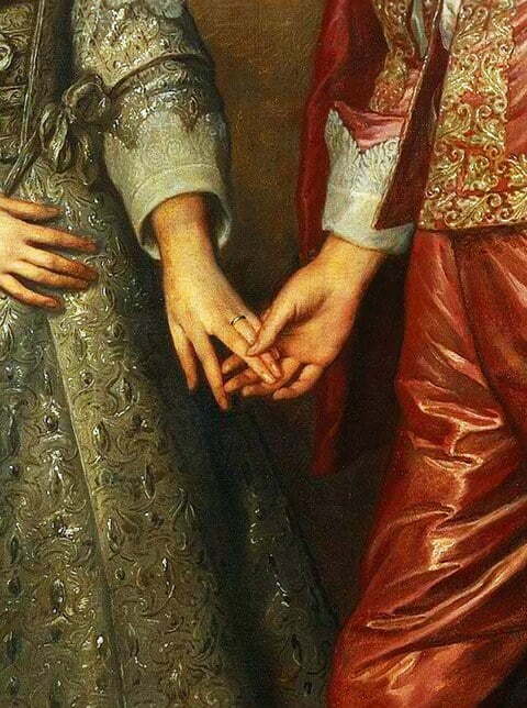 Portrait of William of Orange as a prince and his future bride Mary Stuart, detail, by Anthony van Dyck before 1641 in the Rijksmuseum, Amsterdam.