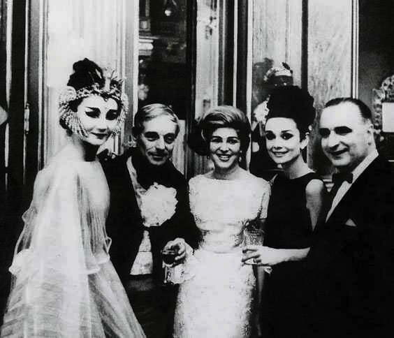 Countess Jacqueline de Ribes, Baron Guy de Rothschild, Baroness Marie-Hélène de Rothschild, Audrey Hepburn, and Georges Pompidou at Château de Ferrières, 1962