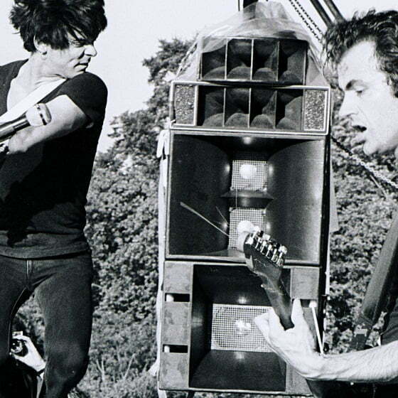 The Stranglers Jean-Jacques Burnel and Hugh Cornwell playing in Battersea Park in London in 1978