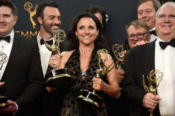 LOS ANGELES, CA - SEPTEMBER 18: Actress Julia Louis-Dreyfus (C) and the writing-producing team for "Veep", winners of Best Comedy Series, pose in the press room during the 68th Annual Primetime Emmy Awards at Microsoft Theater on September 18, 2016 in Los Angeles, California. (Photo by Frazer Harrison/Getty Images)