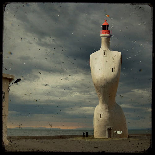 Mannequin Lighthouse. Paul Grand has combined a dressmaker's antique mannequin torso by excellent post-processing methods with a lighthouse.